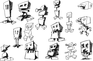 many hand drawn sketches and drawings of funny cartoon robots and androids