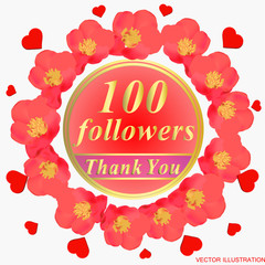 Bright followers background. 100 followers illustration with thank you on a ribbon. Vector illustration.