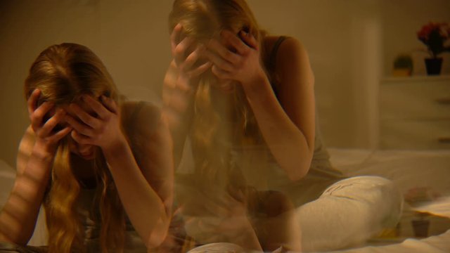 Drunk female suffering dizziness, multiple effect, mental disorder hallucination