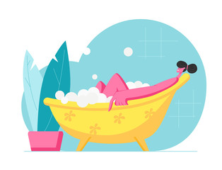 Young Woman Relaxing in Bath with Bubbles in Spa Hotel or at Home. Happy Female Character Hygiene and Beauty Procedure. Girl Washing Body Sitting in Foamy Bath Tube. Cartoon Flat Vector Illustration