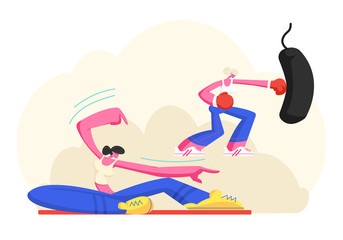 Obraz premium Young Girls in Sports Wear Training in Gym, Female Characters Stretching Body on Pilates Class and Boxing Punching Bag