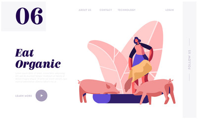 Young Rancher Woman Feeding Pigs Putting Grain in Trough. Female Farmer Character Care of Domestic Animals at Farm, Agriculture Website Landing Page, Web Page. Cartoon Flat Vector Illustration, Banner