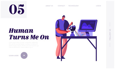 Engineer Creating Robot. Young Man Scientist Working with Robotics Head Lying on Table in Laboratory with Hi-Tech Equipment Website Landing Page, Web Page. Cartoon Flat Vector Illustration, Banner