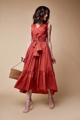 Pretty beautiful sexy elegance woman skin tan body fashion model glamor pose wear trend dress...