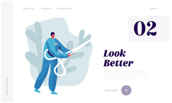 Plastic Surgery Doctor Character in Uniform Holding Huge Scissors in Hands. Beauty and Healthcare Concept for Medical Clinic Website Landing Page, Web Page. Cartoon Flat Vector Illustration, Banner