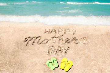 Happy Mothers day beach background with handwritten lettering