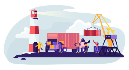 Naklejka premium Shipping Port with Harbor Crane Loading Containers to Marine Freight Boat. Seaport Workers Carry Boxes from Truck in Docks near Lighthouse. Global Maritime Logistic. Cartoon Flat Vector Illustration