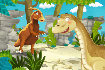 cartoon scene with dinosaur apatosaurus diplodocus with some other dinosaur in the jungle - illustration for children
