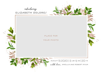 Baby Born Greeting Card with Floral Elements. Baby Shower Template Photo Frame with Flowers. Newborn Child, Wedding Invitation Save the Date Card with Wreath, Leaves. Vector illustration