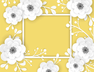 Paper Cut Flowers Frame Greeting Card Template. Decorative Design with 3D Origami Floral Elements for Spring Banner, Brochure, Poster. Wedding Trendy Background. Vector illustration