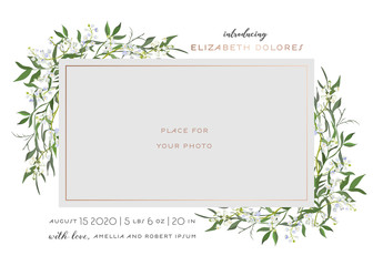 Baby Born Greeting Card with Floral Elements. Baby Shower Template Photo Frame with Lily Flowers. Newborn Child, Wedding Invitation Save the Date Card with Wreath, Leaves. Vector illustration