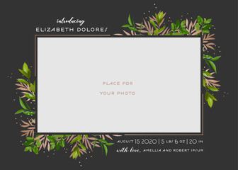 Fototapeta na wymiar Baby Born Greeting Card with Floral Elements. Baby Shower Template Photo Frame with Flowers. Newborn Child, Wedding Invitation Save the Date Card with Wreath, Leaves. Vector illustration