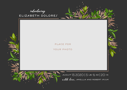 Baby Born Greeting Card with Floral Elements. Baby Shower Template Photo Frame with Flowers. Newborn Child, Wedding Invitation Save the Date Card with Wreath, Leaves. Vector illustration