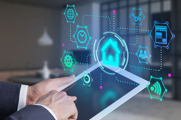 Man hand with tablet, smart home interface in room