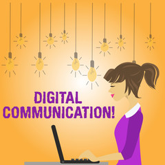 Writing note showing Digital Communication. Business concept for exchange of data that transmits in a digital form photo of Young Busy Woman Sitting Side View and Working on her Laptop