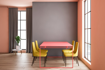 Gray and peach dining room, pink table
