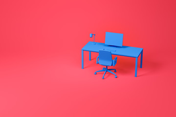Blue computer table chair set on red