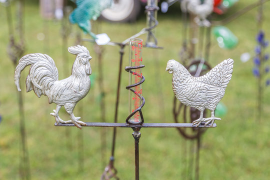 Lawn Art Rain Meter:  Hand Made Lawn Art Rain Meter With Chickens As Icons.