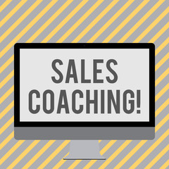 Conceptual hand writing showing Sales Coaching. Concept meaning analysisage their team by analyzing metrics and KPIs of selling White Computer Monitor WideScreen on a Stand for Technology