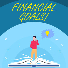 Handwriting text Financial Goals. Conceptual photo targets usually driven by specific future financial needs Man Standing Behind Open Book, Hand on Head, Jagged Speech Bubble with Bulb