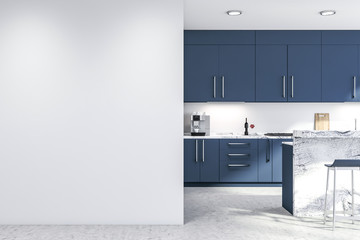Dark blue kitchen with mock up wall - obrazy, fototapety, plakaty