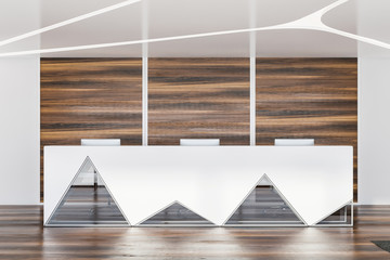 White and glass reception in wooden office
