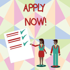 Text sign showing Apply Now. Business photo text request something officially in writing or by sending in form Man and Woman in Business Suit Presenting Report of Check and Lines on Paper