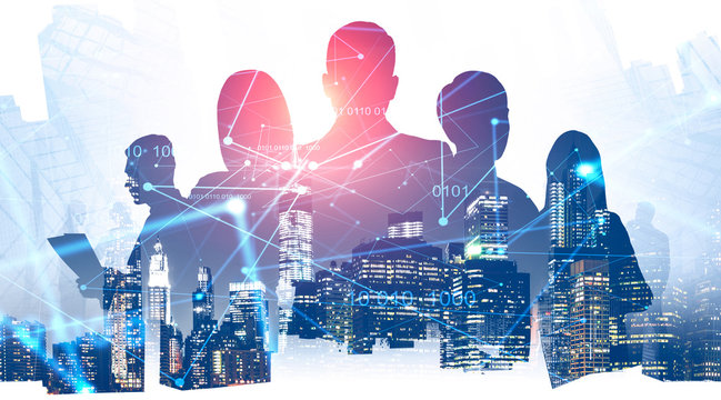 Business people in city, digital interface - Powered by Adobe