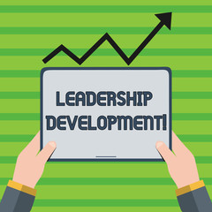 Word writing text Leadership Development. Business photo showcasing program that makes showing become better leaders Hand Holding Blank Screen Tablet under Black Progressive Arrow Going Upward