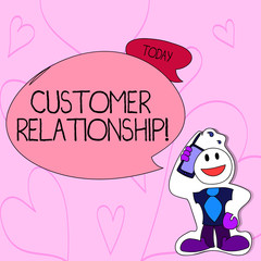 Text sign showing Customer Relationship. Business photo text ways how company analysisage relations with customers Smiley Face Man in Necktie Holding Smartphone to his Head in Sticker Style