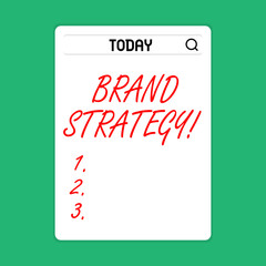 Handwriting text Brand Strategy. Conceptual photo long term plan development of successful brand achieve goals Search Bar with Magnifying Glass Icon photo on Blank Vertical White Screen