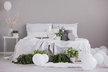 Urban jungle and white balloons in fashionable bedroom interior with large bed with cozy bedding, real photo with copy space on the empty wall