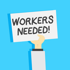 Handwriting text writing Workers Needed. Conceptual photo Someone who is employed by agency work another company Clipart of Hand Holding Up Blank Sheet of White Paper on Pastel Backdrop