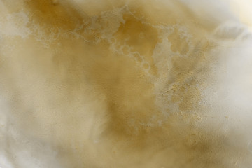 Yellow alcohol ink texture with abstract washes and paint stains on the white paper background.	