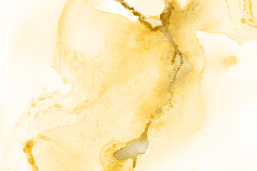 Yellow alcohol ink texture with abstract washes and paint stains on the white paper background.	