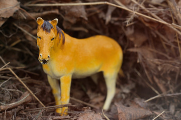 toy horse in nature photographed as real among the dry grass like haystacks