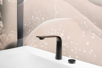 Luxury black faucet mixer on a white sink in a beautiful painting beige bathroom