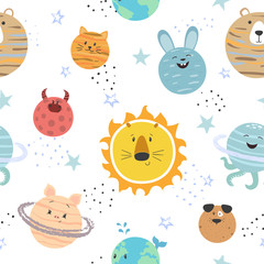 Cartoon solar system pattern. Space vector background with cute planets for kids.
