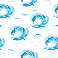 Seamless sea pattern with watercolor waves and gulls.
