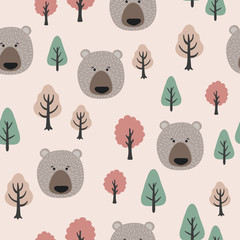 Seamless Pattern in Scandinavian style with cute bears and trees.