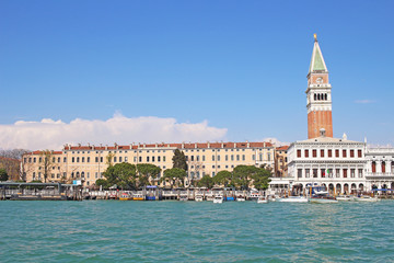 Fototapeta premium Venice Venezia Italy 2019 march city view from ship. Renaissance Buildings in sea