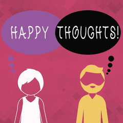 Word writing text Happy Thoughts. Business photo showcasing good idea opinion produced by thinking or occurring mind Bearded Man and Woman Faceless Profile with Blank Colorful Thought Bubble