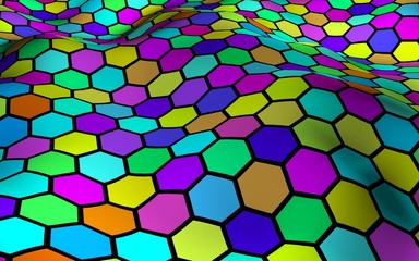 Honeycomb multi-colored. Perspective view on polygon look like honeycomb. Wavy surface. Isometric geometry. 3D illustration