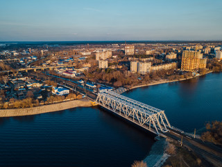 Fototapeta na wymiar Aerial view of railway bridge over Voronezh river