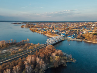Fototapeta na wymiar Aerial view of railway bridge over Voronezh river