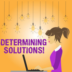 Writing note showing Determining Solutions. Business concept for identifying business needs and determining solutions photo of Young Busy Woman Sitting Side View and Working on her Laptop