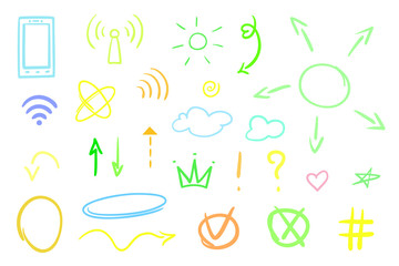 Hand drawn infographic elements on white. Abstract multicolored signs. Line art. Set of different geometric shapes. Colorful illustration. Doodles for artwork