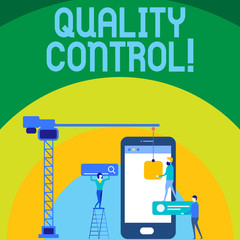 Conceptual hand writing showing Quality Control. Concept meaning system of maintaining standards in analysisufactured products Staff Working Together for Target Goal with SEO Process Icons