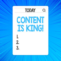 Writing note showing Content Is King. Business concept for marketing focused growing visibility non paid search results Search Bar with Magnifying Glass Icon photo on White Screen