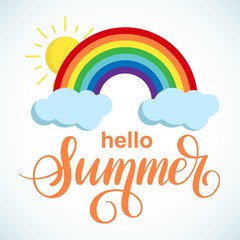 Hello Summer vector poster with sun and rainbow on white background. Hand written lettering with cute season decor elements in flat style. Summertime template.